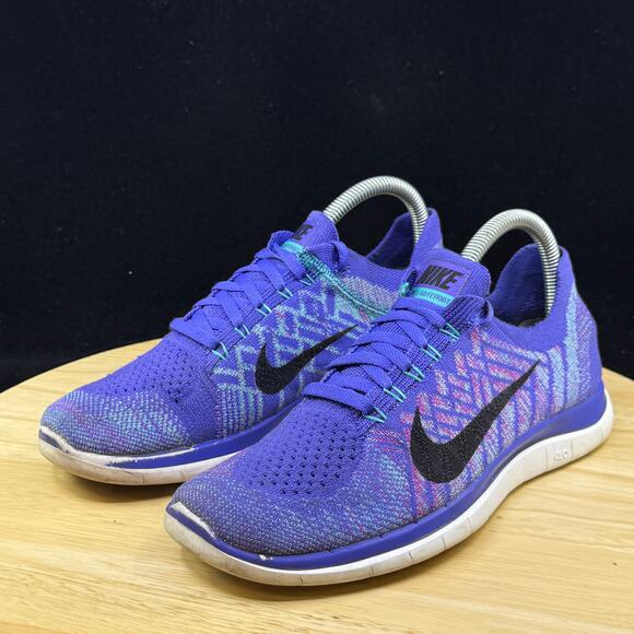 WOMENS 7.5 NIKE FREE 4.0 FLYKNIT RUNNING SHOES PURPLE BLUE WHITE 717076 501 - Picture 3 of 10
